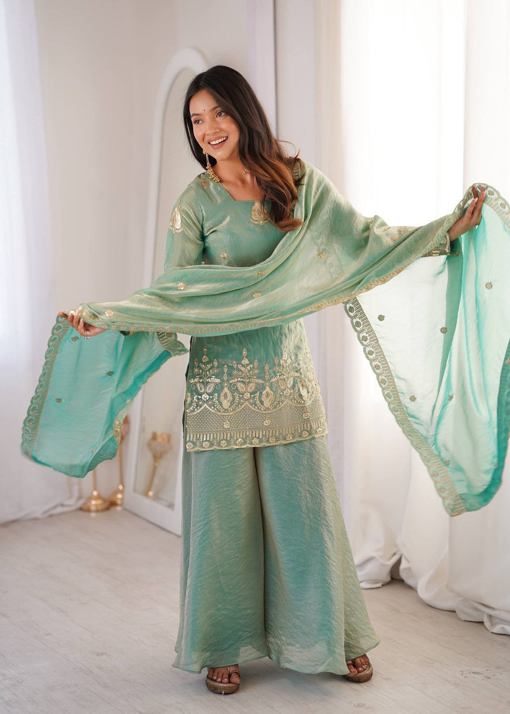 Royal Sea Green Silk Embroidered Sharara Set with Organza Dupatta