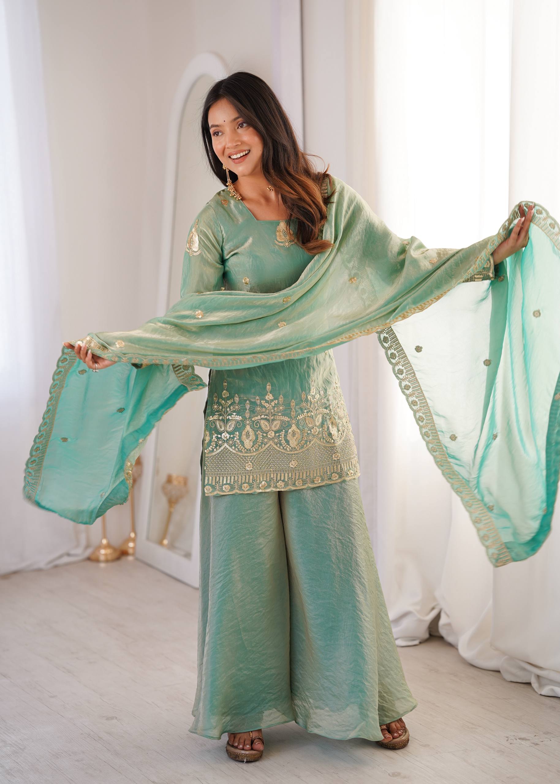 Royal Sea Green Silk Embroidered Sharara Set with Organza Dupatta