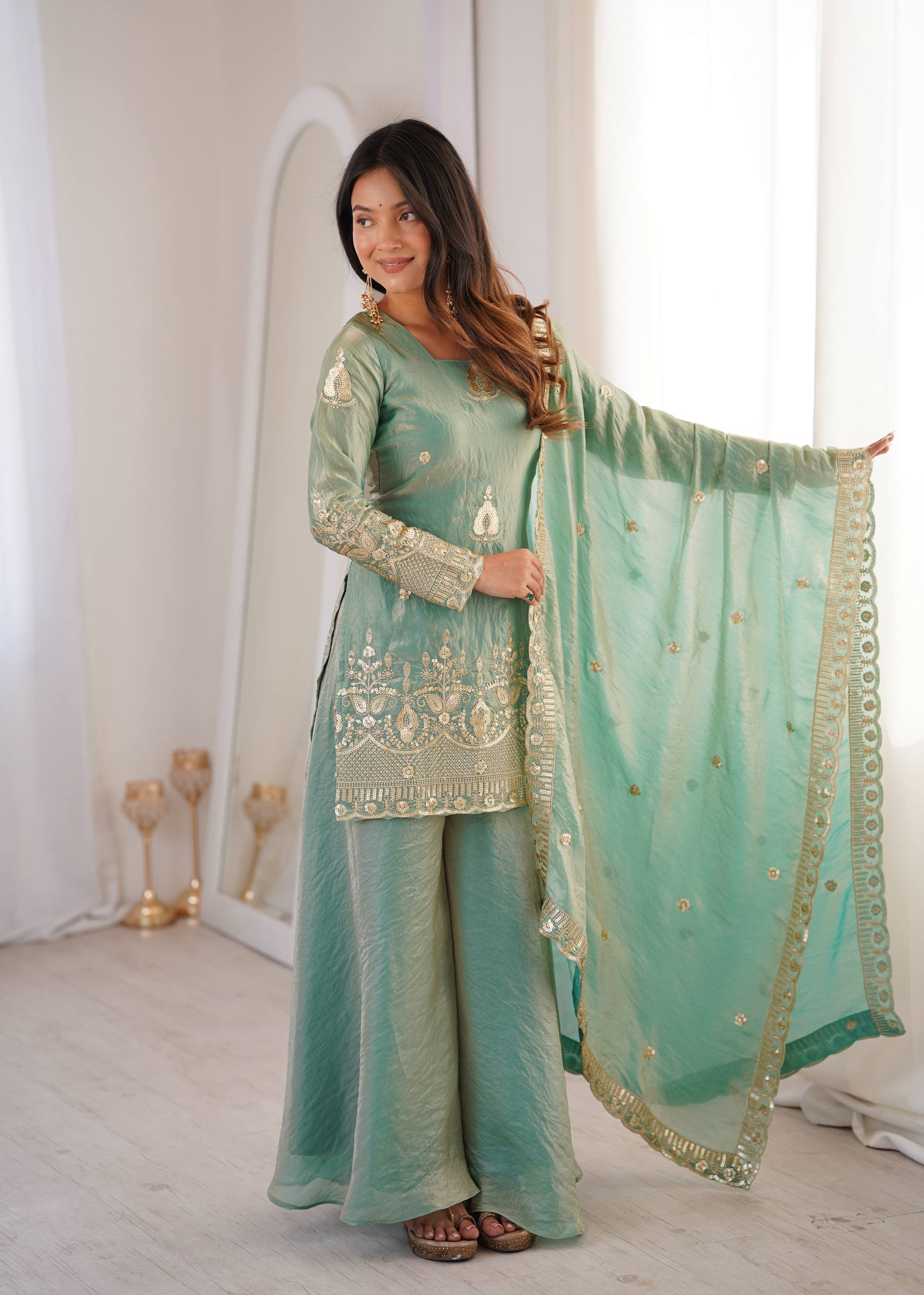 Royal Sea Green Silk Embroidered Sharara Set with Organza Dupatta