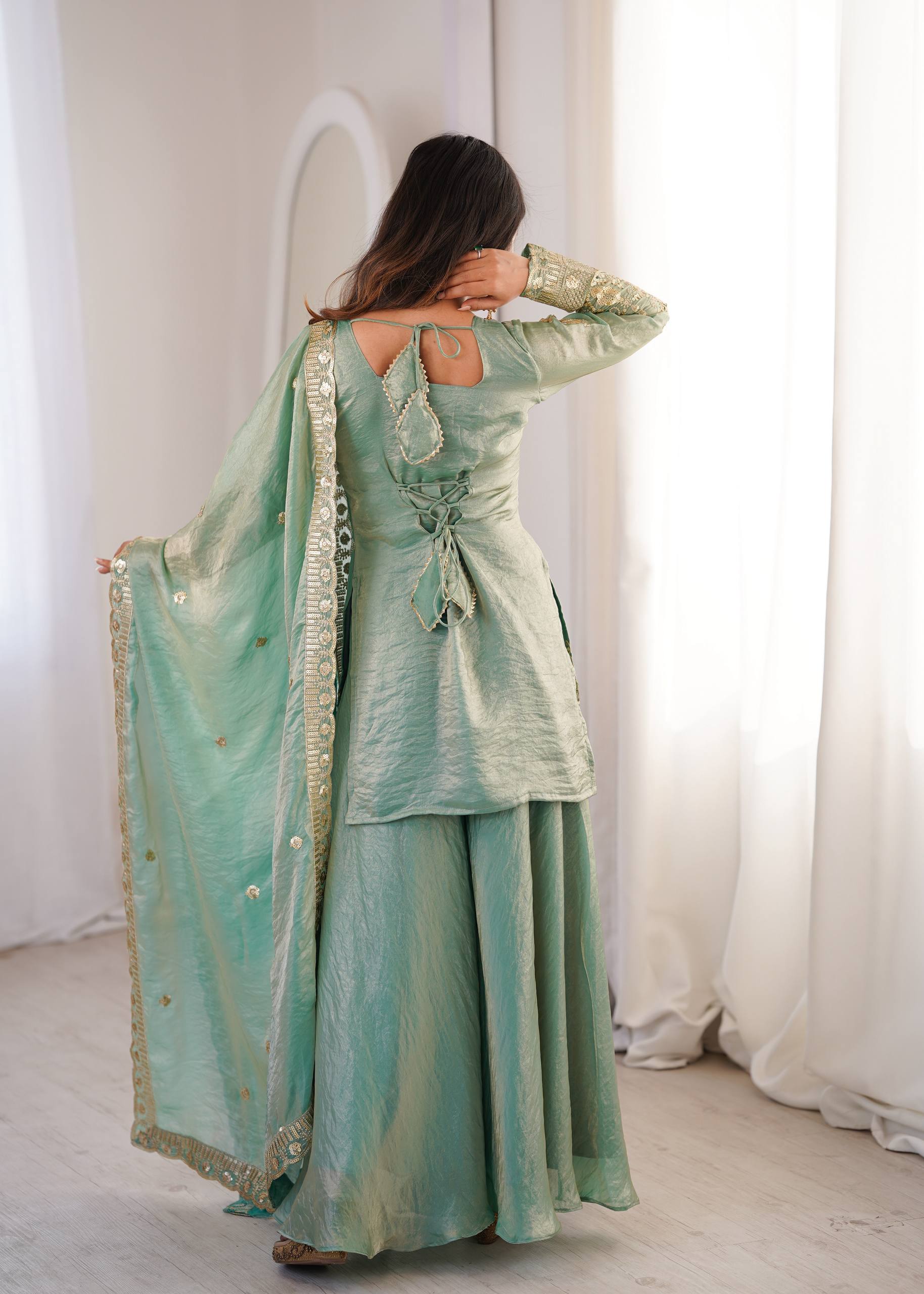 Royal Sea Green Silk Embroidered Sharara Set with Organza Dupatta