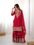 Crimson Red Georgette Embroidered Sharara Set with Pearl Detailing