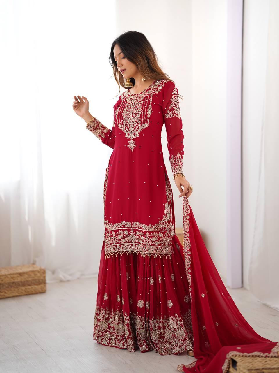 Crimson Red Georgette Embroidered Sharara Set with Pearl Detailing