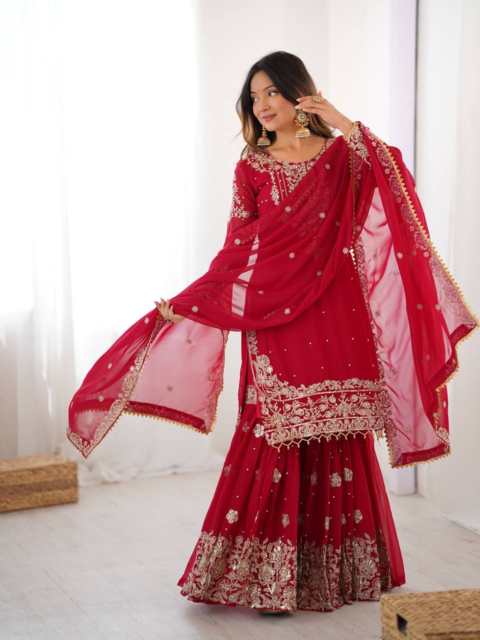 Crimson Red Georgette Embroidered Sharara Set with Pearl Detailing