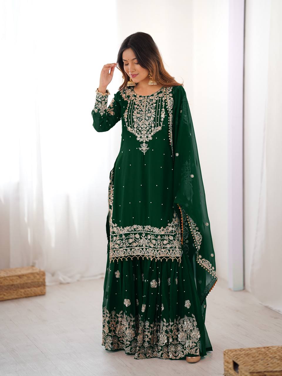 Midnight Indigo Georgette Sharara Set with Mirror-Work Embroidery