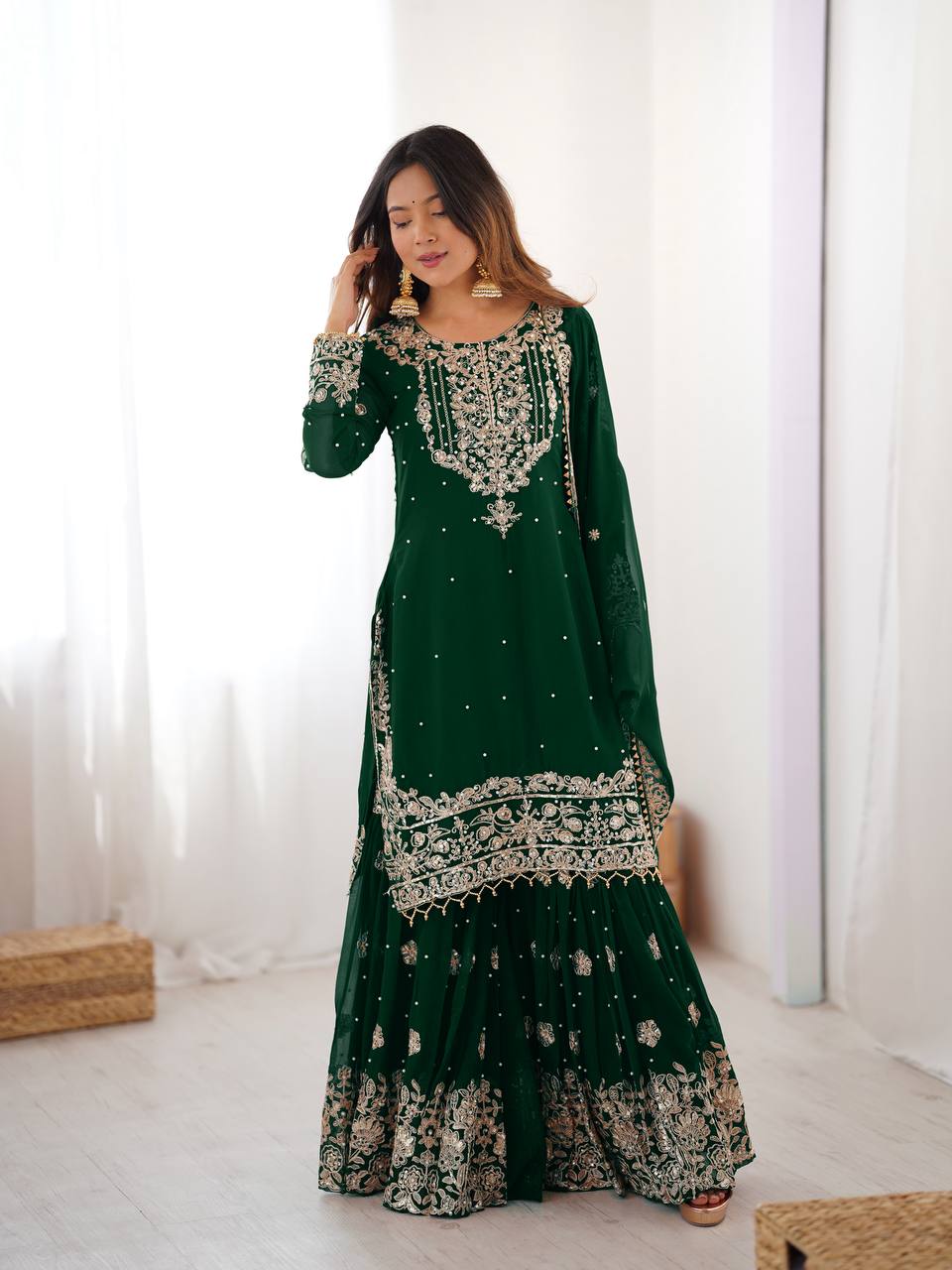 Midnight Indigo Georgette Sharara Set with Mirror-Work Embroidery