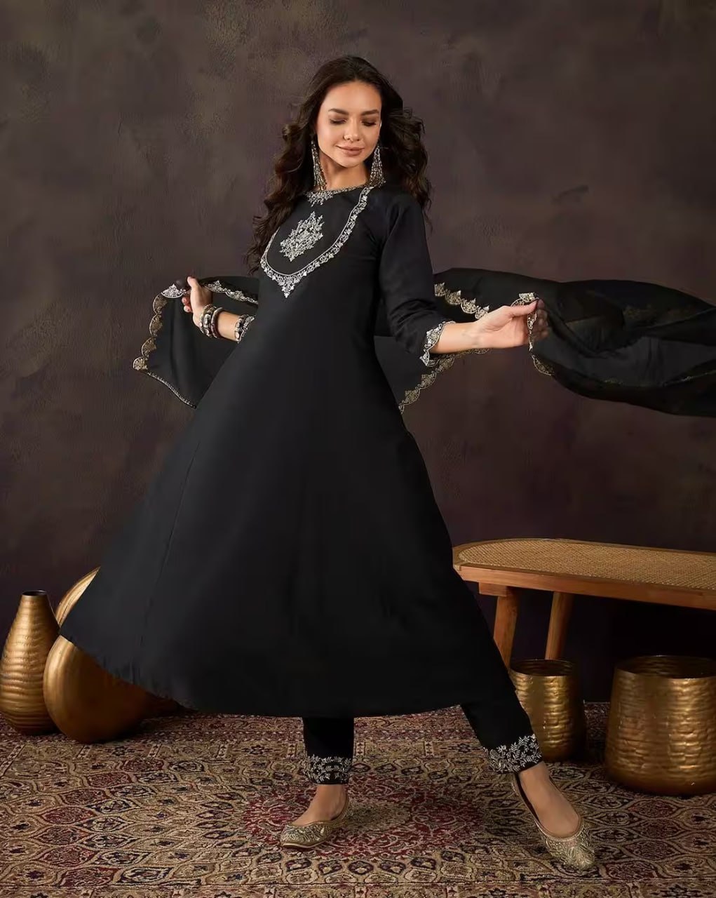 Midnight Black Anarkali Style Kalidar Kurta Set with Organza Dupatta – 3 Piece Suit