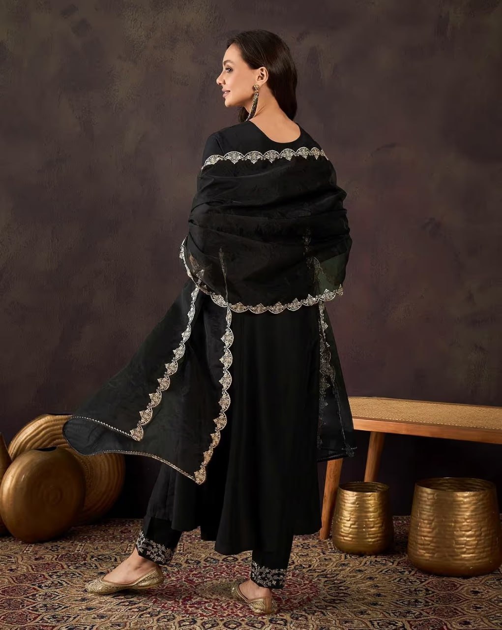 Midnight Black Anarkali Style Kalidar Kurta Set with Organza Dupatta – 3 Piece Suit