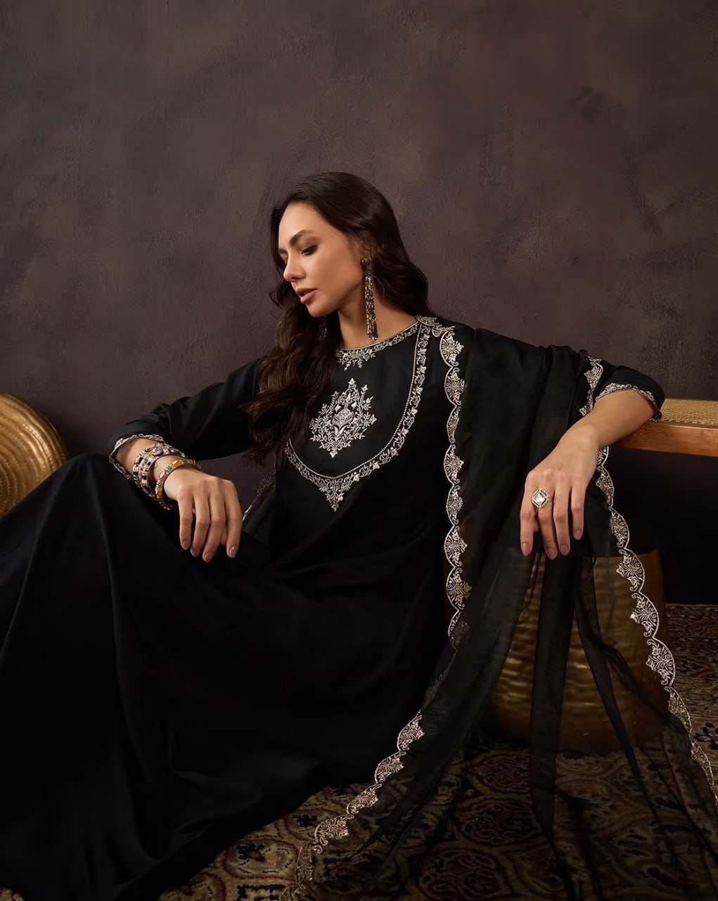 Midnight Black Anarkali Style Kalidar Kurta Set with Organza Dupatta – 3 Piece Suit